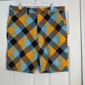 Loudmouth Golf Chino Shorts Men’s 38 Turquoise Gold Black Gingham Argyle Stretch